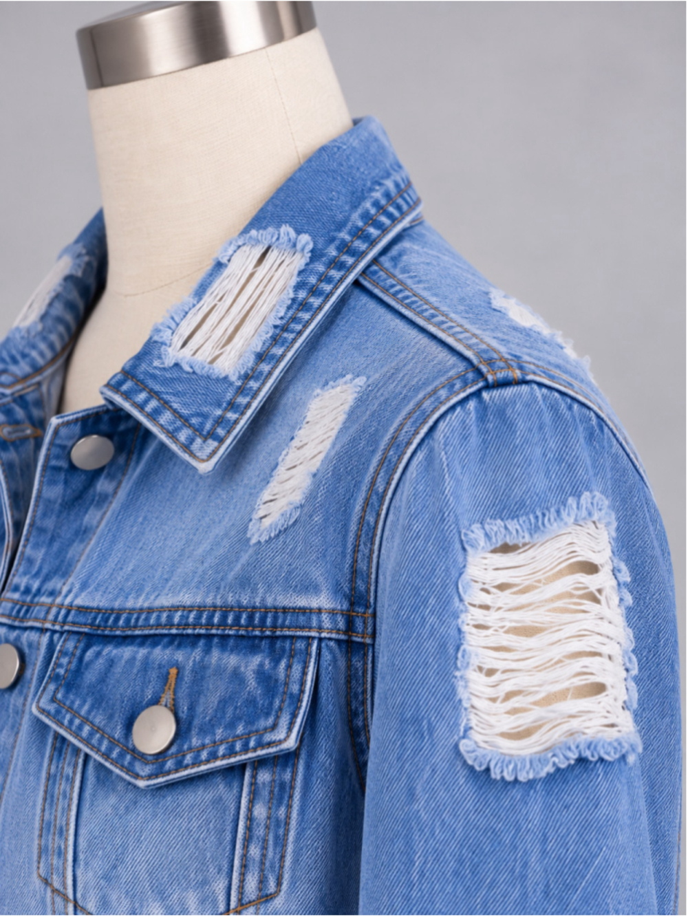 Distressed Blue Ripped Button-Up Denim Jacket – Size M - Picture 5 of 8